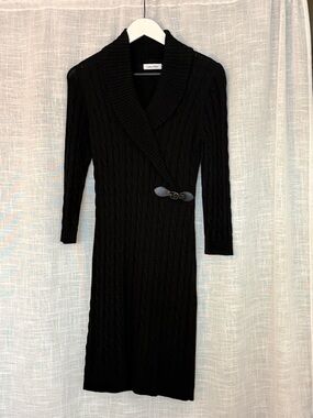 Calvin Klein Black Cable-Knit Shawl-Collar Wrap Dress with Buckle